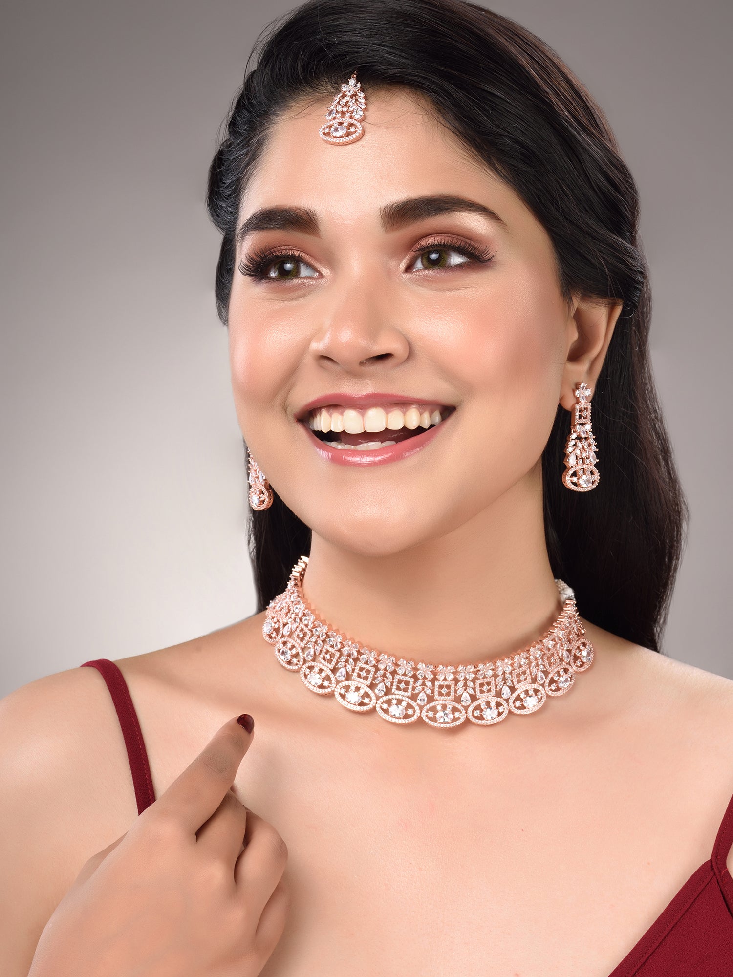 Rose Gold Plated White AD Studded Choker Dropdown Earrings Jewellery Set, zaveri pearls, sale price rs, sale price, sale gold plated, sale gold, sale, rubans, ring, regular price, priyassi je